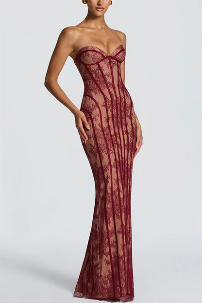 Cardydony Women's Sian Floral Lace Contrast Structural Detail Back Lace-up Strapless Slit Maxi Dress
