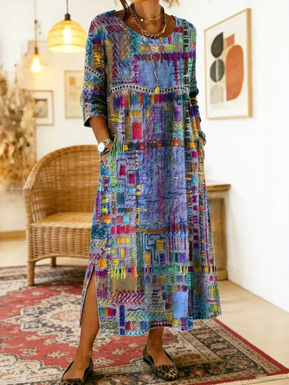 Cardydony Women's Colorful Geometric Art Pattern Round Neck Loose Midi Dress