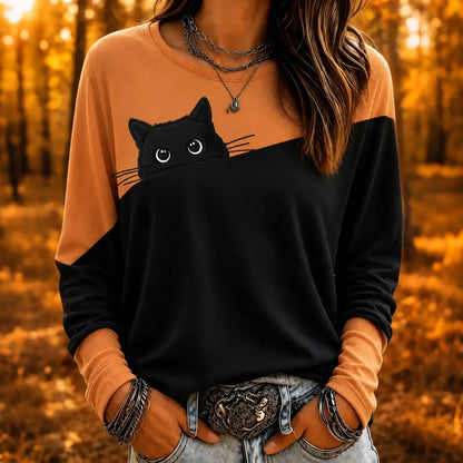 Cardydony Women's Retro Cute Cat Color Block Pattern Casual Crew Neck Sweatshirt