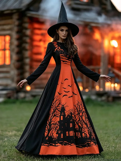 Cardydony Women's Vintage Halloween Art Print Crew Neck Long Sleeve Maxi Dress