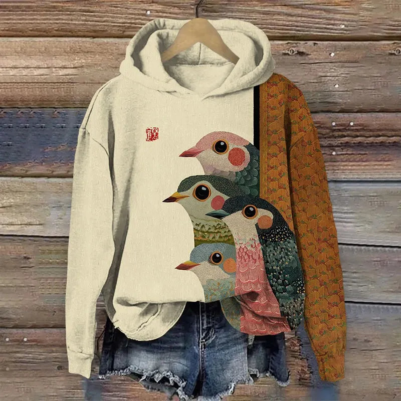 Cardydony Women's Japanese Retro Rainbow Bird Print Hooded Sweatshirt