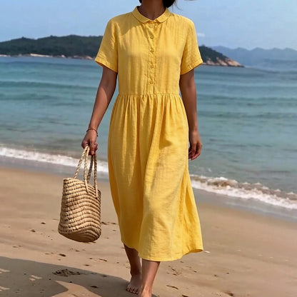 Cardydony Women's Solid Color Linen Blend Lapel Dress