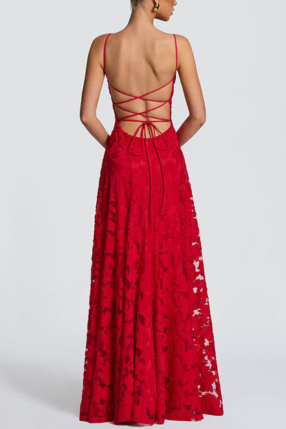 Cardydony Women's Francis Custom Floral Burnout Fabric Cowl Neck Back Lace-up Maxi Dress