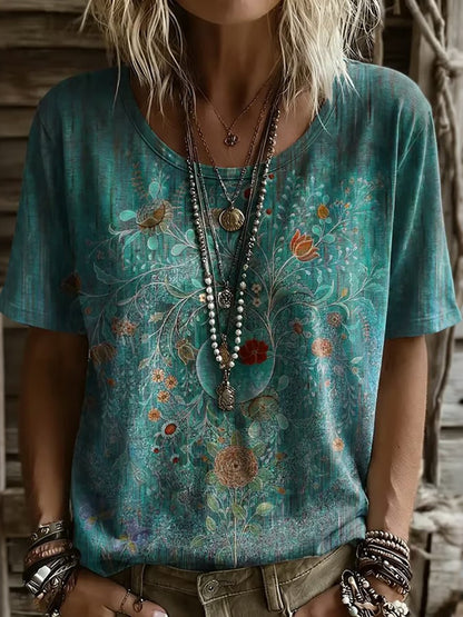 Cardydony Women's Vintage Floral Pattern Short Sleeved T-shirt