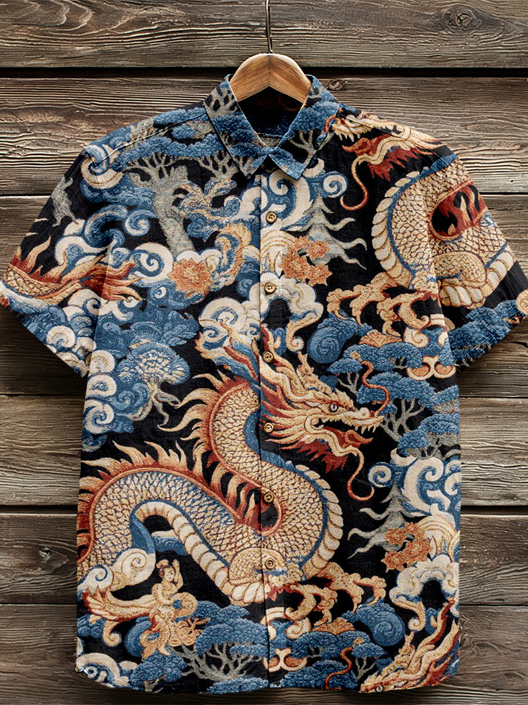 Cardydony Men's Vintage Traditional Dragon Art Pattern Linen Shirt