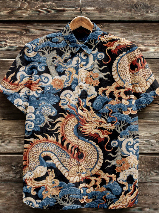 Cardydony Men's Vintage Traditional Dragon Art Pattern Linen Shirt