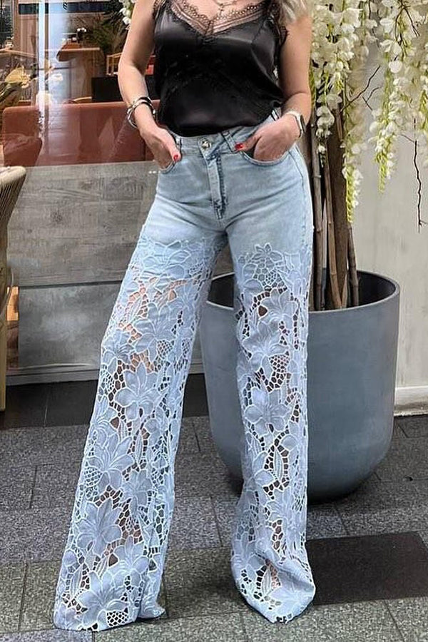 Cardydony Women's Fashion Hollow Lace Stitching Casual Pocket Denim Wide-leg Pants