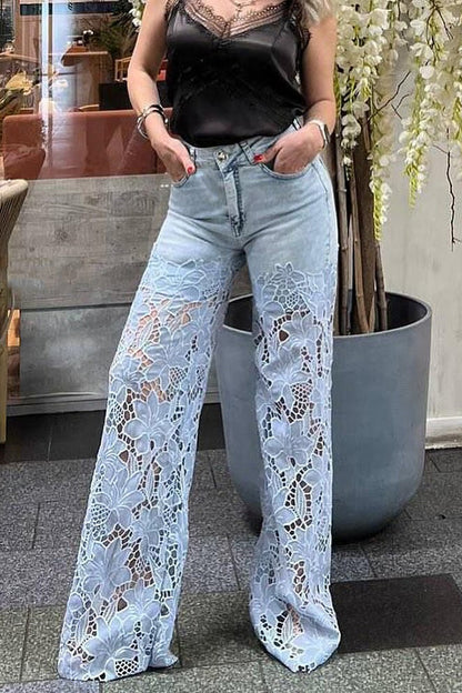 Cardydony Women's Fashion Hollow Lace Stitching Casual Pocket Denim Wide-leg Pants