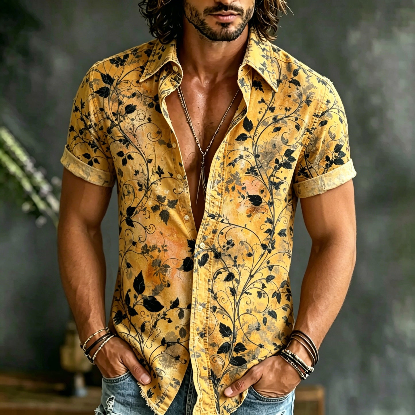 Cardydony Men's Floral Art Print Casual Cotton Linen Short-sleeve Shirt