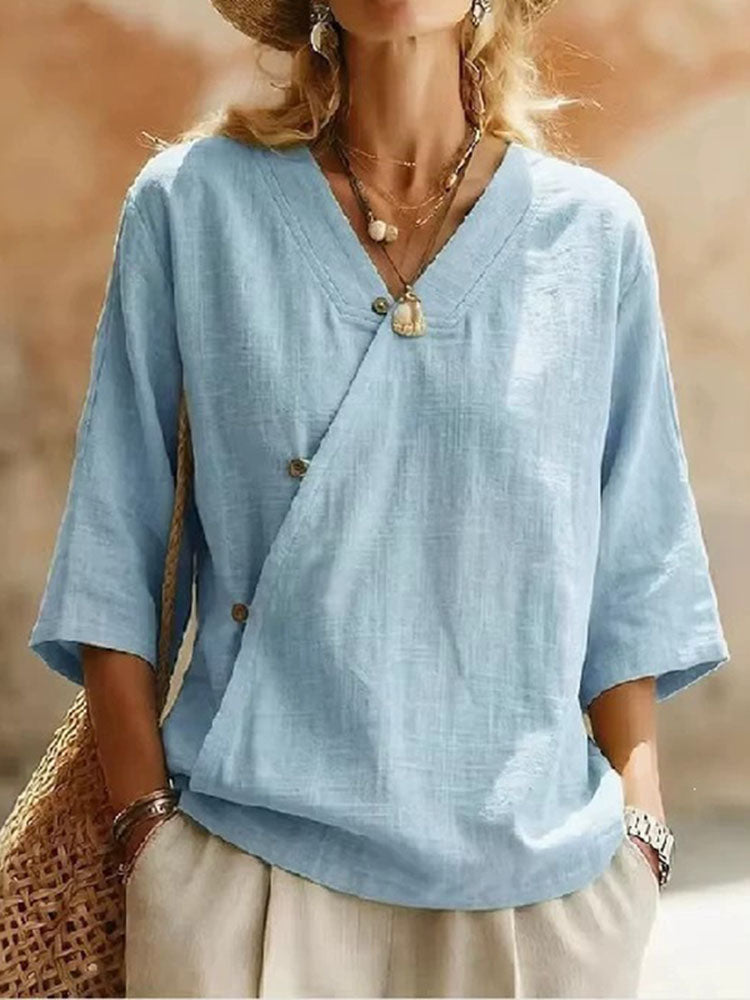 Cardydony Women's Casual Cotton And Linen Retro Diagonal Button Three-quarter Sleeve Top