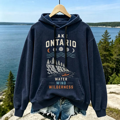 Cardydony Women's Casual Pullover Hoodie In Dark Navy With Lake Ontario Moon Phases, Cliff, Kayaker, And Wilderness Print