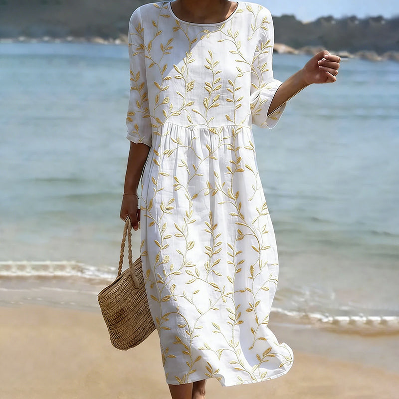 Cardydony Vintage Floral Art Pattern Linen Blend Loose Three-quarter Sleeve Dress