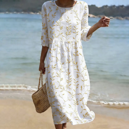 Cardydony Vintage Floral Art Pattern Linen Blend Loose Three-quarter Sleeve Dress