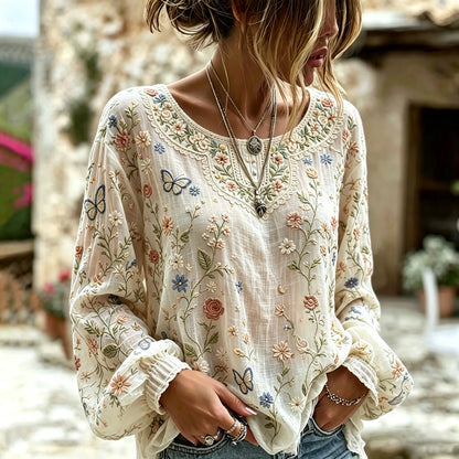 Cardydony Women's Floral And Butterfly Art Print Flowy Linen Blend Linen Blend Long Sleeve Casual Tops