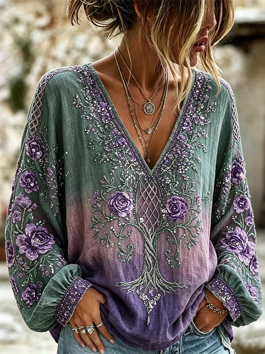 Cardydony Women's Vintage Celtic Knot Floral Art Flowy Art V Neck Long Sleeve T-shirt