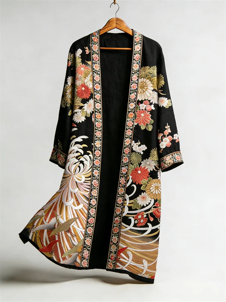 Cardydony Japanese Chrysanthemum Floral Art Flowy Long Linen Kimono
