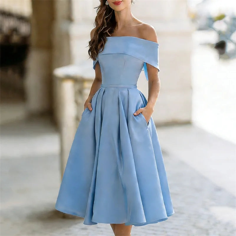 Cardydony Classy Off Shoulderwide Skirted Satin Maxi Dress