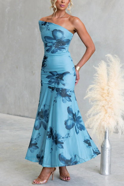 Cardydony Women's Floral Print Elegant Mesh Off-shoulder Fitted Maxi Dress