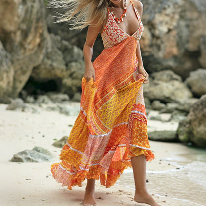 Cardydony Boho Floral With Paisley Patchwork Patterns Maxi Suspender Dress
