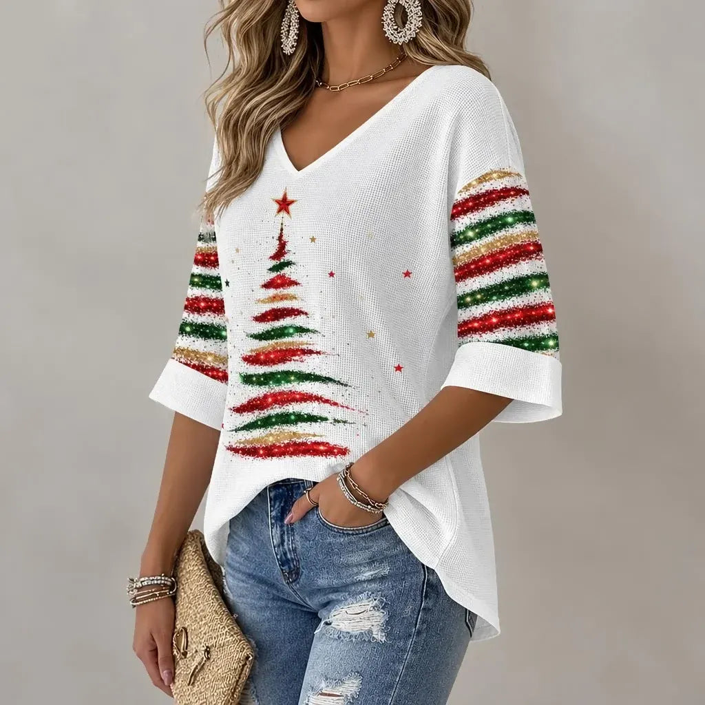 Cardydony Women's Festive Christmas Tree Glitter Print Relaxed Fit V-neck Three Quarter Sleeve T-shirt
