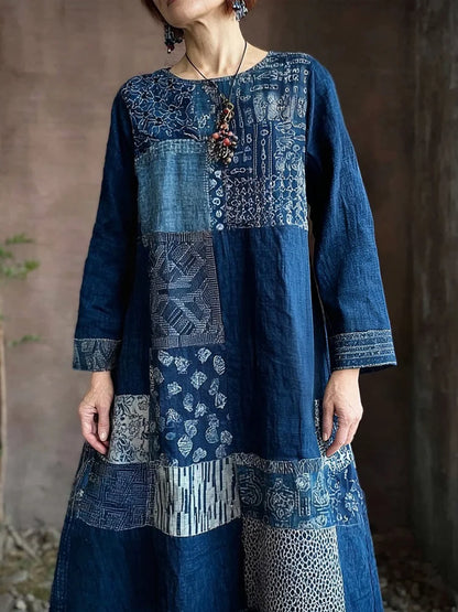 Cardydony Vintage Japanese Sashiko Art Flowy Linen Maxi Dress