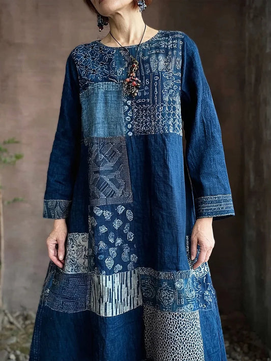 Cardydony Vintage Japanese Sashiko Art Flowy Linen Maxi Dress