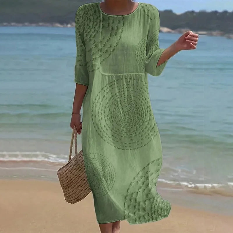Cardydony Vintage Patchwork Art Pattern Linen Blend Loose Three-quarter Sleeve Dress