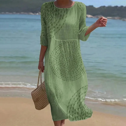 Cardydony Vintage Patchwork Art Pattern Linen Blend Loose Three-quarter Sleeve Dress
