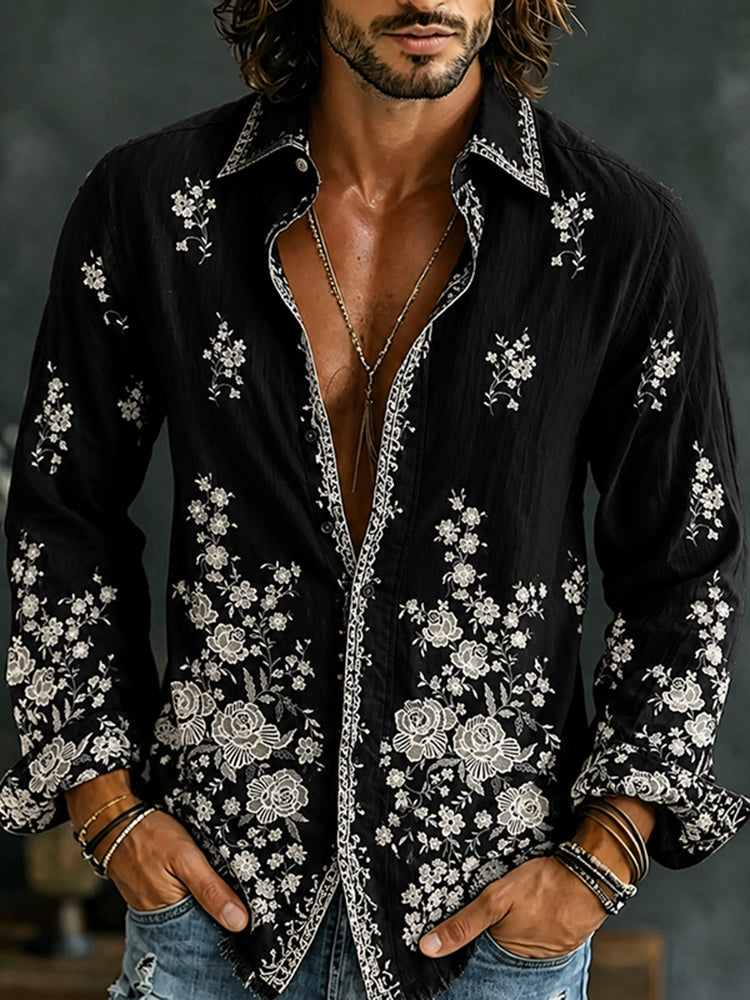 Cardydony Men's Floral Art Casual Cotton Linen Long-sleeved Shirt