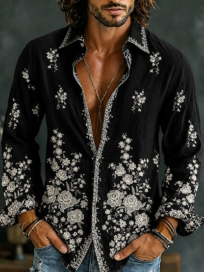 Cardydony Men's Floral Art Casual Cotton Linen Long-sleeved Shirt