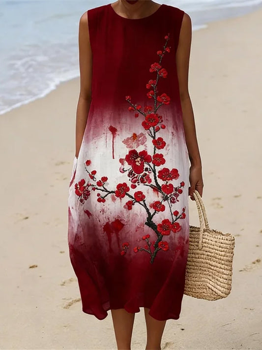 Cardydony Japanese-style Plum Blossom Art Gradient Embroidery Cotton Linen Dress