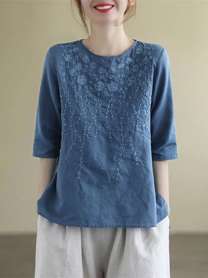 Cardydony Heavily Embroidered Floral Loose-fit Crewneck Top