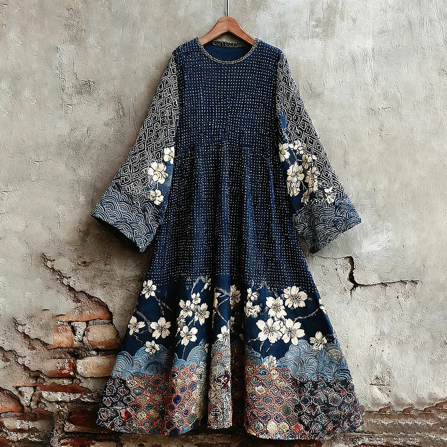 Cardydony Women's Traditional Japanese Sashiko Art Round Neck Dress