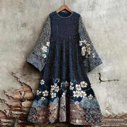 Cardydony Women's Traditional Japanese Sashiko Art Round Neck Dress