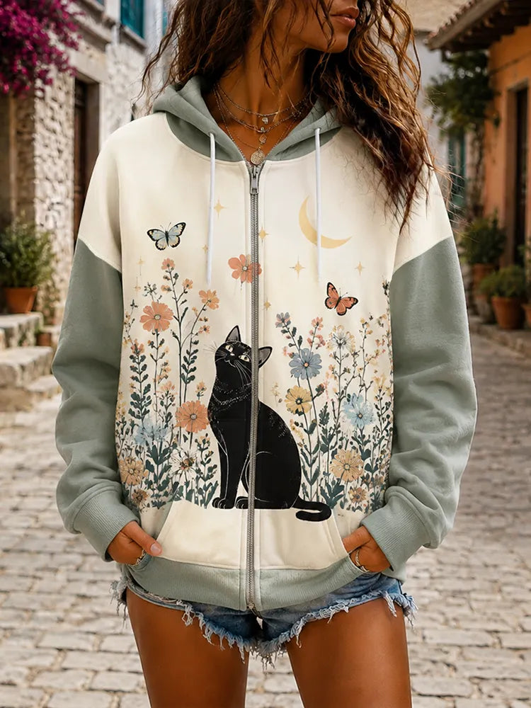 Cardydony Women's Boho Colorblock Black Cat, Butterfly And Wildflower Print Full-zip Hoodie