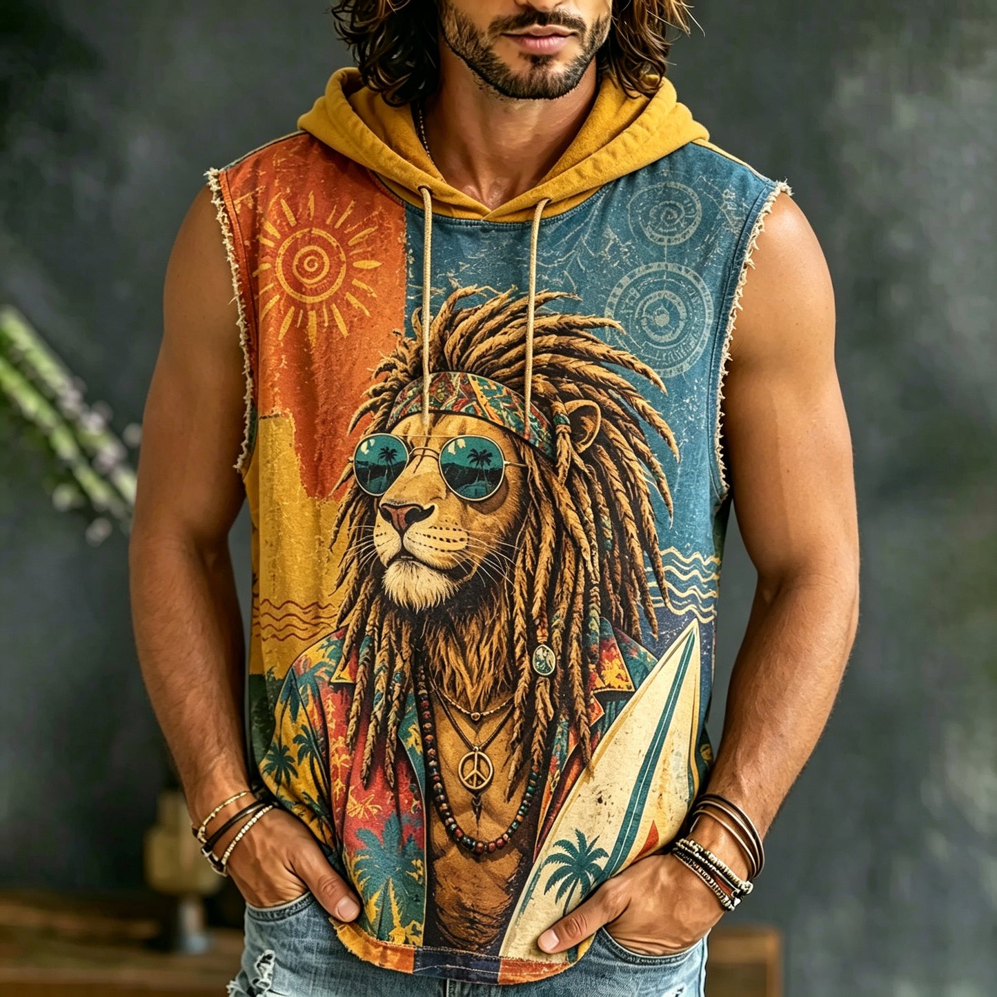 Cardydony Men's Hippie Lion Color-blocked Vacation Casual Hooded Vest