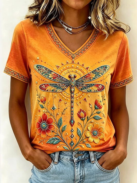 Cardydony Retro Dragonfly Floral Ethnic Print Short-sleeved V-neck Cotton Linen Top