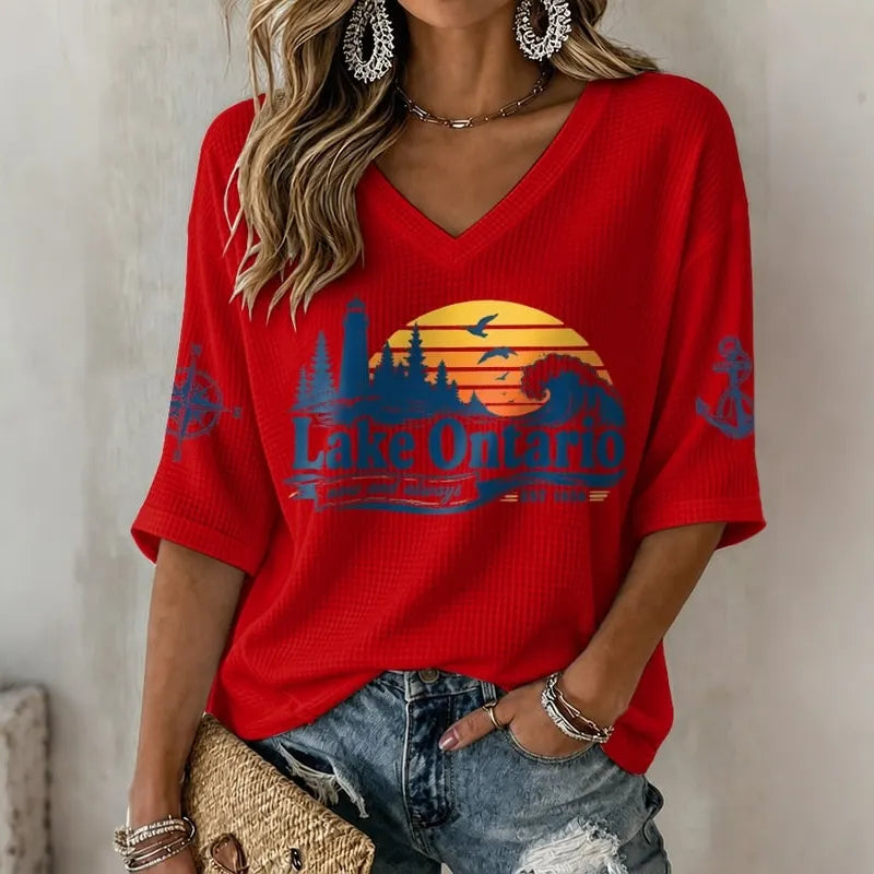Cardydony V-neck Retro Lake Ontario Now And Always Est 1656 Print T-shirt