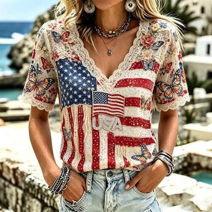 Cardydony Women's Independence Day Anniversary Flag And Butterfly Art Comfortable Cotton Linen V-neck Short Sleeve Top