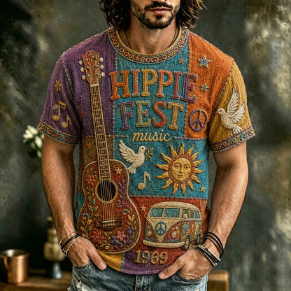 Cardydony Men's Hippie Peace Sign And Guitar Art Patchwork Print T-shirt