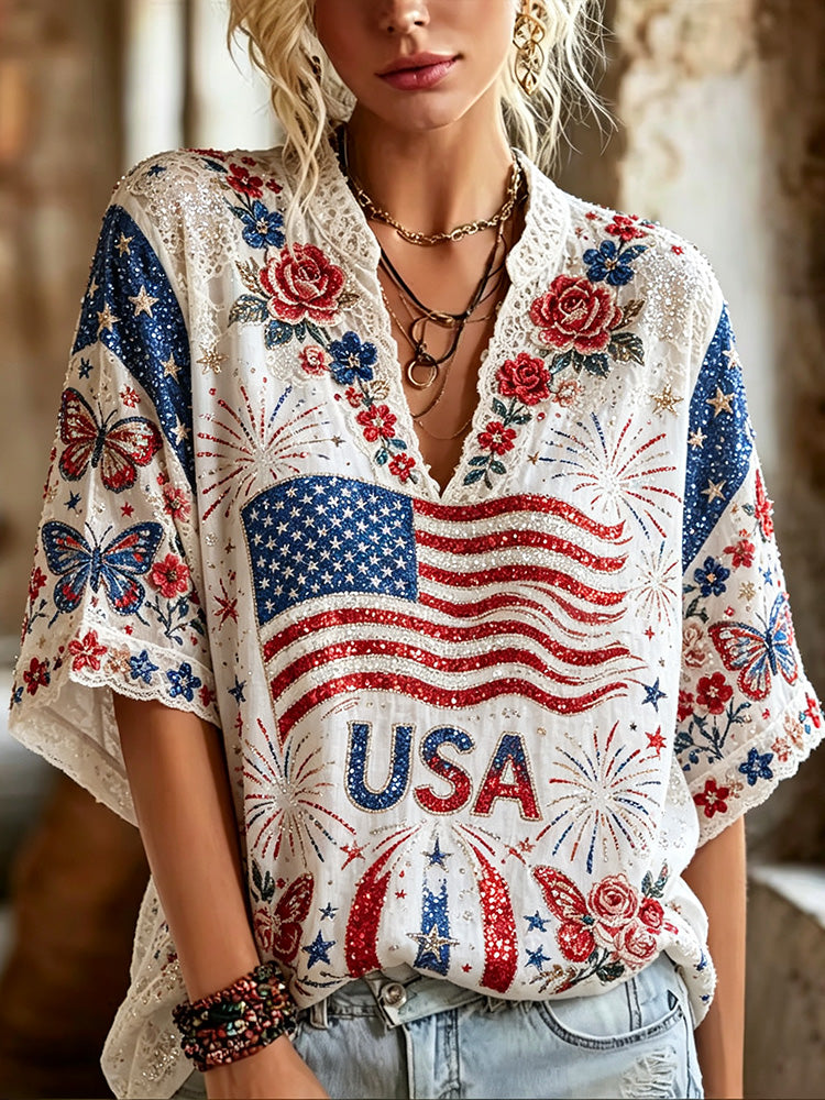 Cardydony Women's Usa Anniversary Flag Floral Art V-neck Top
