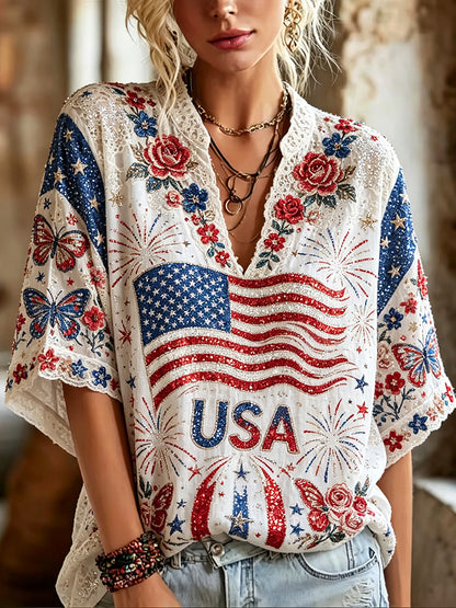 Cardydony Women's Usa Anniversary Flag Floral Art V-neck Top