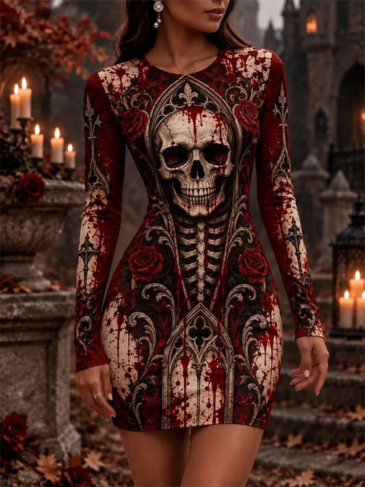 Cardydony Women's Halloween Skull Rose Blood Stain Castle Print Bodycon Long Sleeve Dress