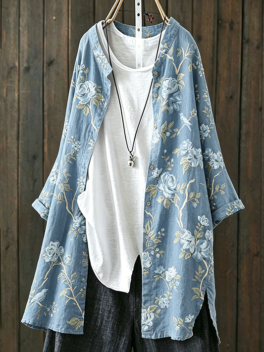 Cardydony Floral Pattern Design Women's Casual Linen Long Shirt 1