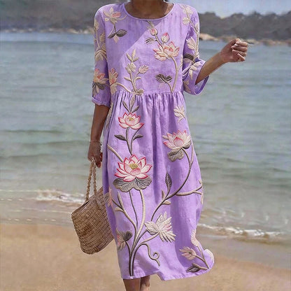 Cardydony Vintage Lotus Art Pattern Linen Blend Loose Three-quarter Sleeve Dress