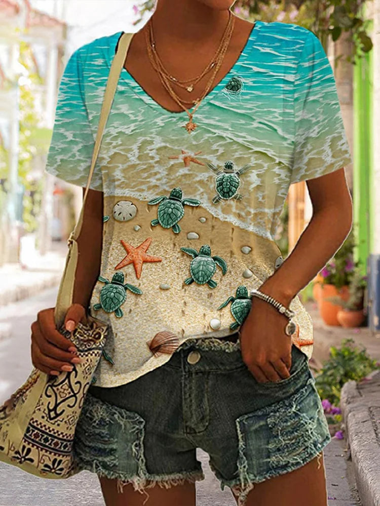 Cardydony Turtle Sea Print V Neck Short Sleeve T-Shirt
