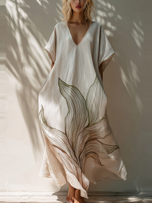 Cardydony Plant Pattern Design Casual Linen Dress