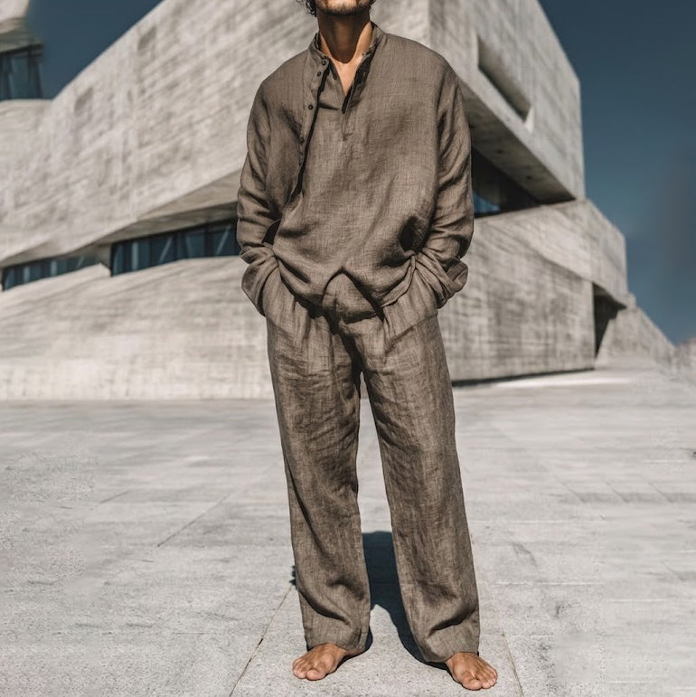 Cardydony Men's Natural Style Irregular Collar Design Cotton Shirt And Pants Set
