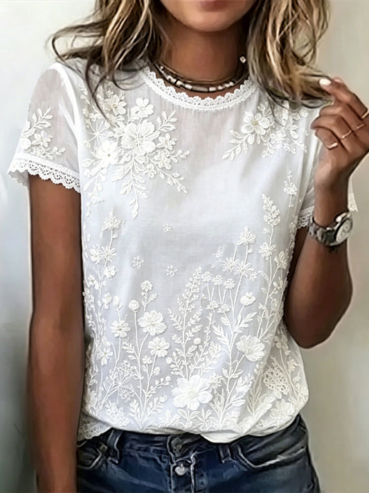 Cardydony Women's White Floral Embroidered Artistic Casual Short-sleeved Top