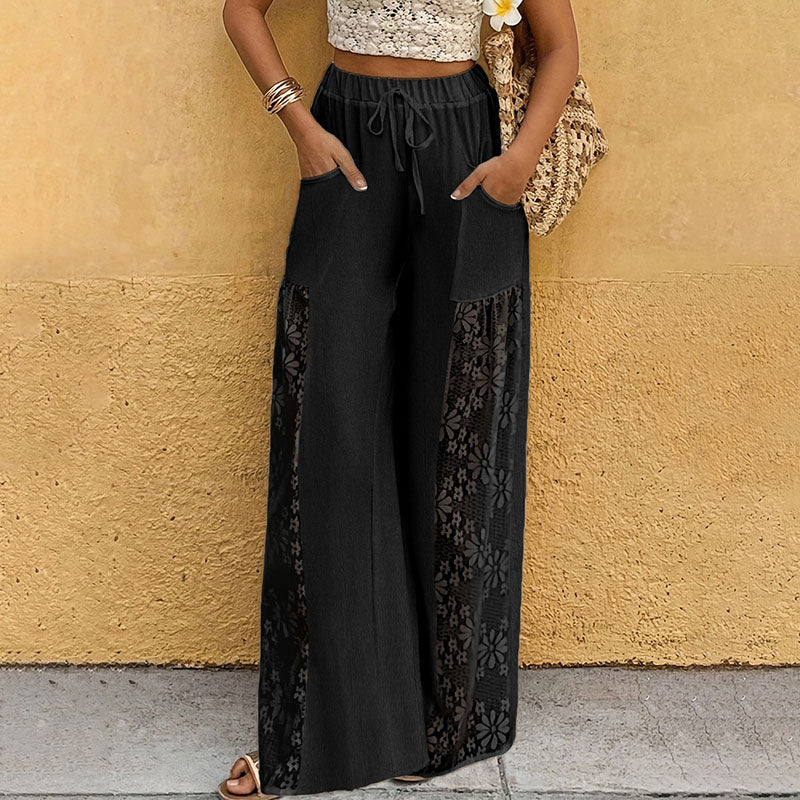 Cardydony Women's Solid Color Design Lace Stitching Wide Leg Pants